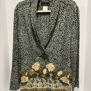 CAROLE LITTLE Vintage Artsy Colorful Sage Green Black Top